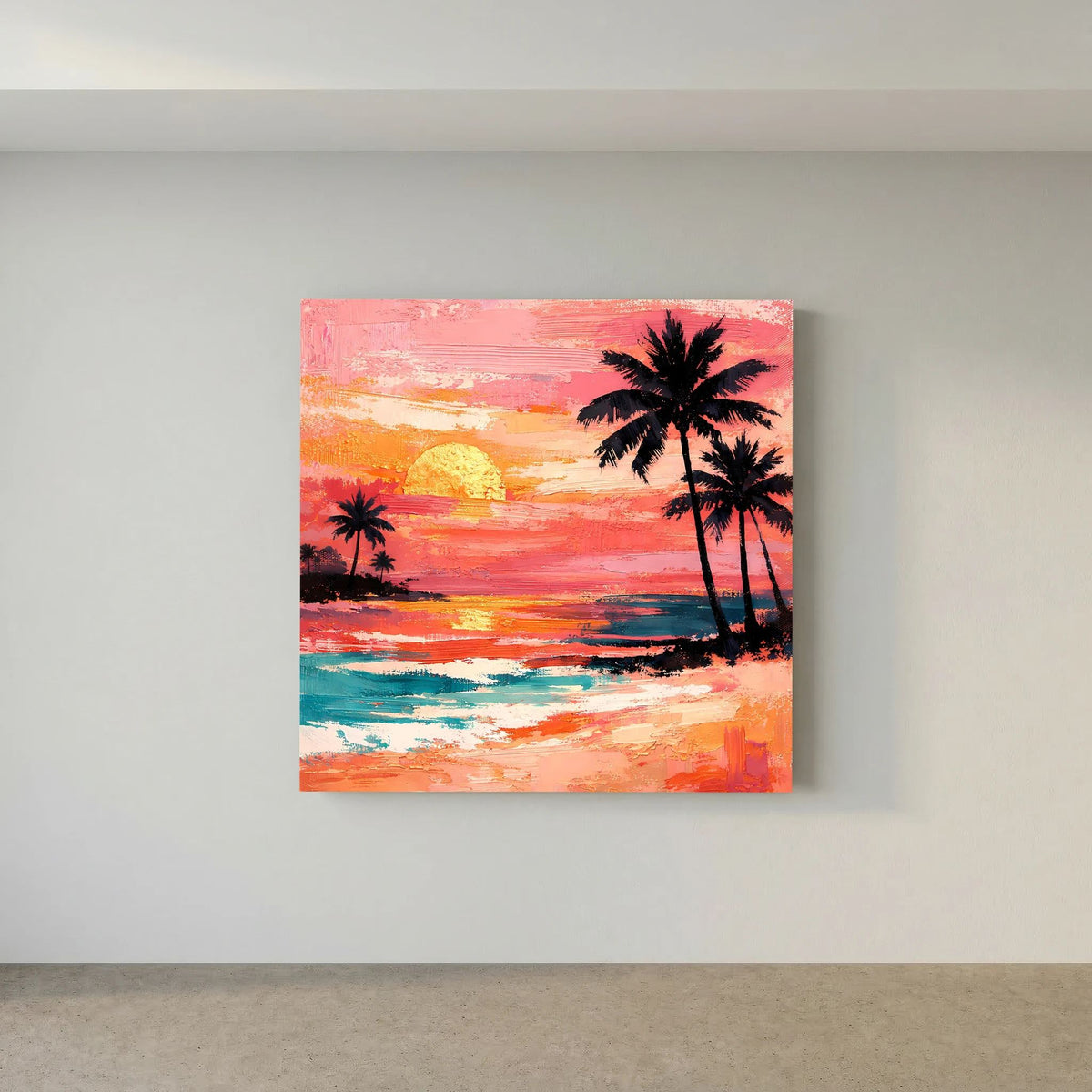 Leinwand-Wandbild mit Palmen-Silhouetten, Meerblick und kräftigen Sonnenuntergangsfarben.