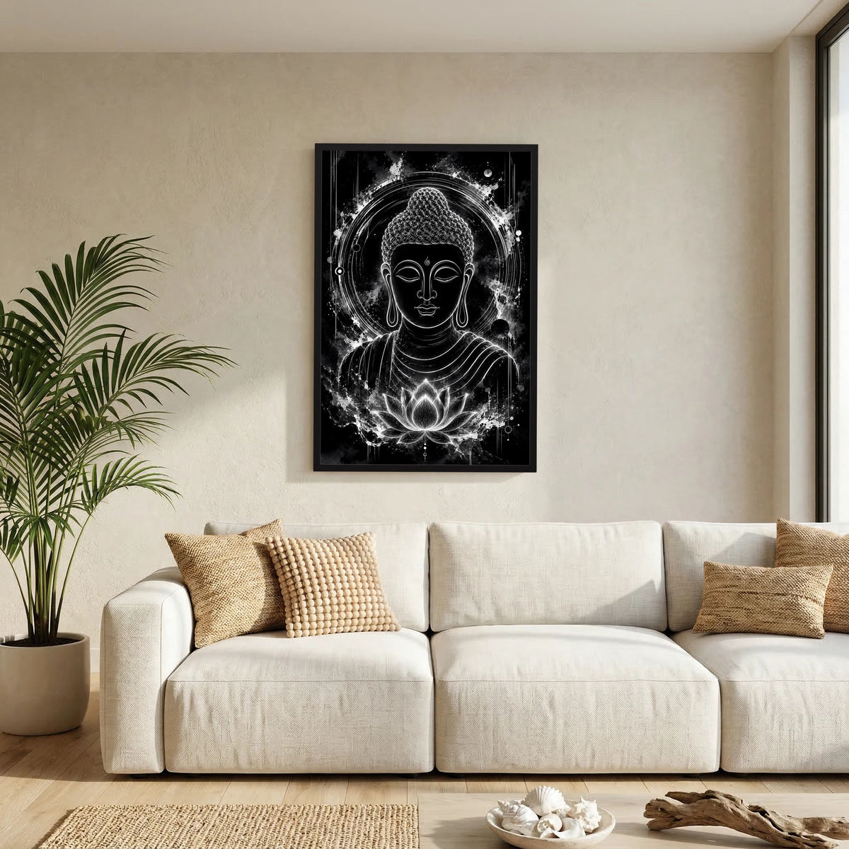 Hochformat-Poster mit Buddha-Gesicht, Lotusblüte und Lichtkreis, schwarz-weiß, schwarzer Rahmen