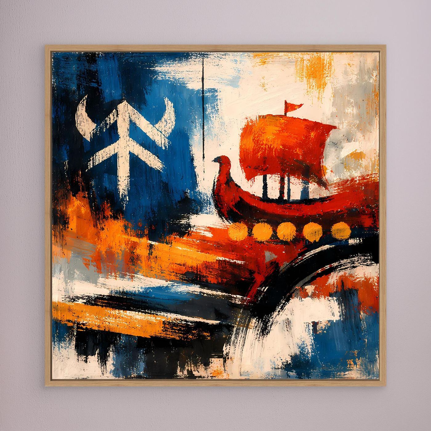 Gerahmtes abstraktes Wikingerschiff-Wandbild mit blauem Segel, rotem Boot und orangefarbenem Bug