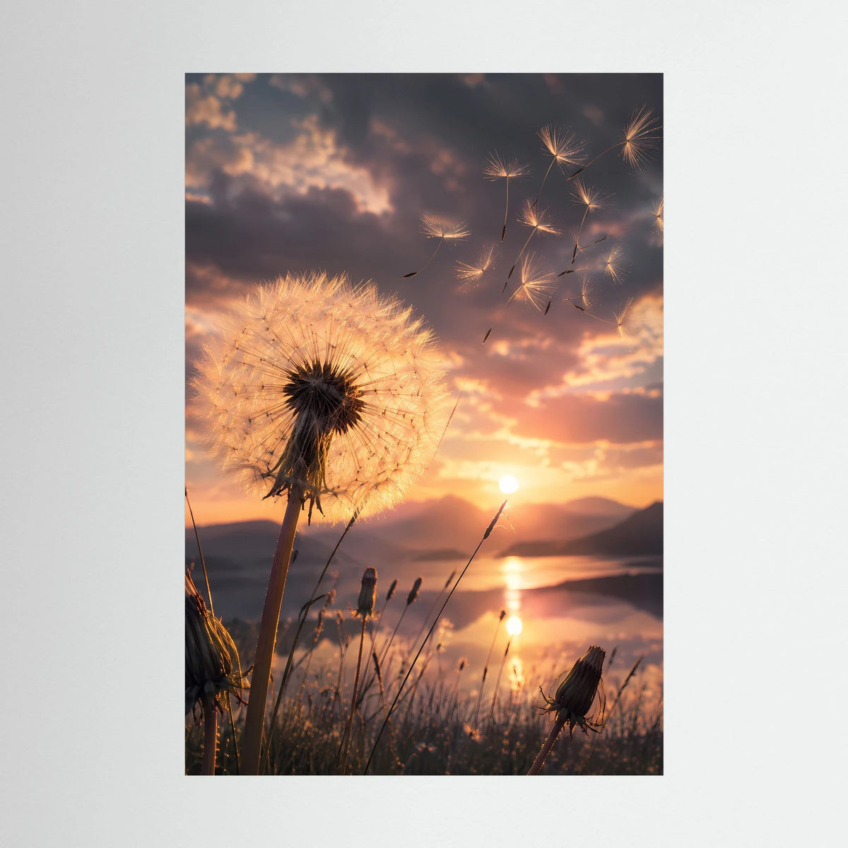 Poster im Hochformat mit Pusteblume und Sonnenuntergang, Nahansicht der Blüte