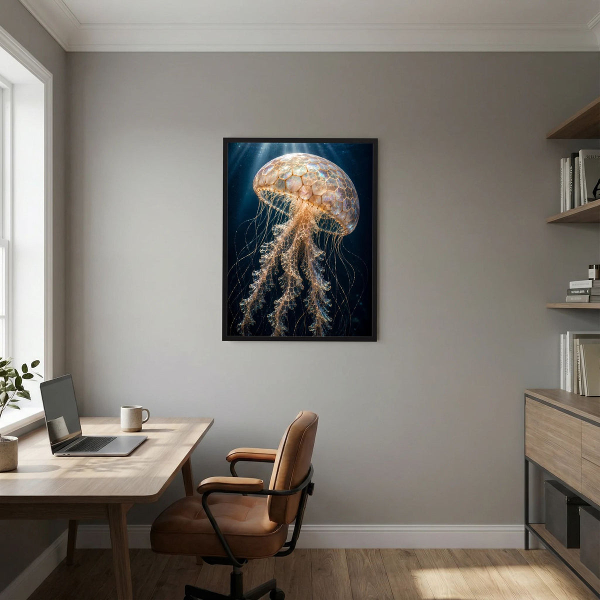 Hochformat-Poster mit Qualle in Perlmutt- und Goldtönen, schwarzer Rahmen