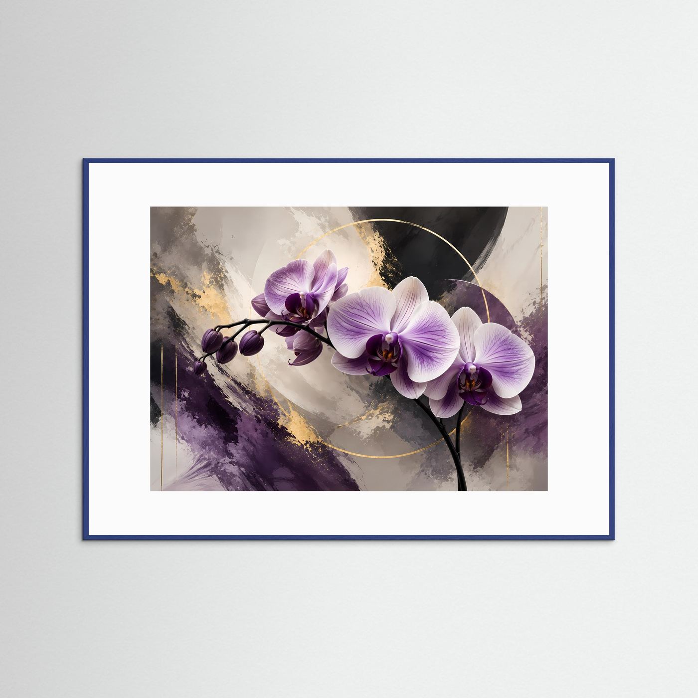 Elegante Orchideen in Violett & Gold | Abstrakte Blumen & Natur Poster Querformat