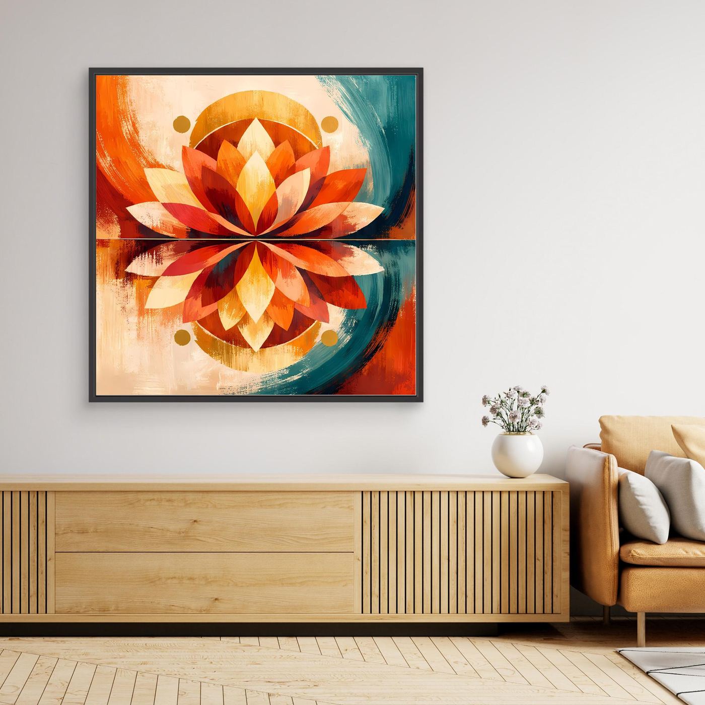 Schwarz gerahmtes Leinwandbild mit symmetrischem Lotus, abstrakt in Orange und Türkis