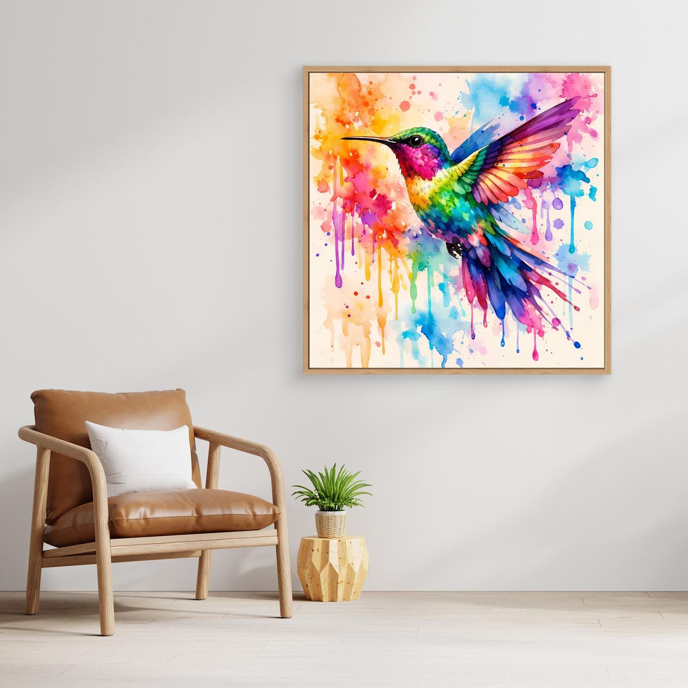 Leinwandbild Kolibri-Aquarell mit bunten Farbspritzern, Tropfenakzenten, Eichenrahmen