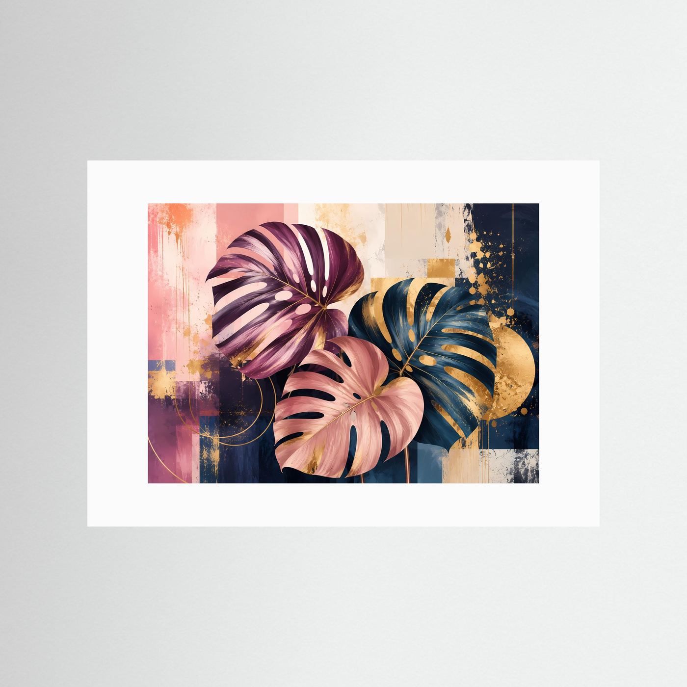 Elegante Monstera Blätter in Rosa, Blau & Gold | Abstrakte Botanik Poster Querformat