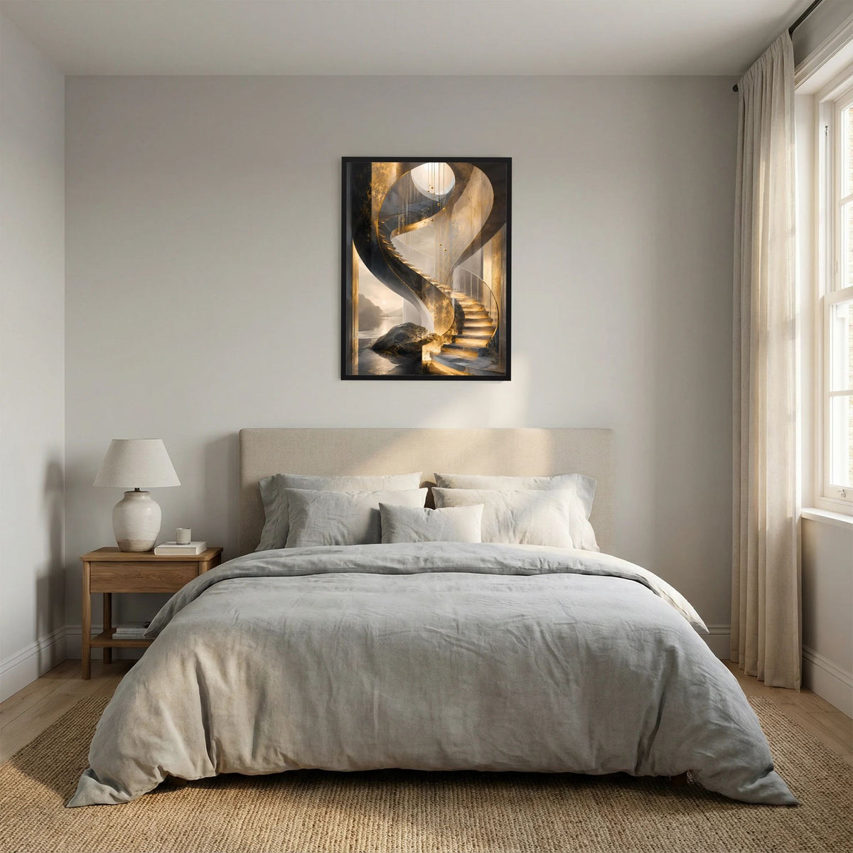 Gerahmtes Wandposter mit goldener Wendeltreppe im Schwarz-Gold-Motiv, schwarzer Rahmen