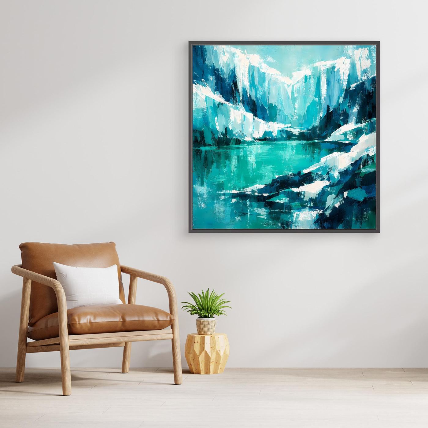 Abstraktes Wandbild mit Eisbergen und Ozean in Blau‑Türkis, mit dunklem Rahmen
