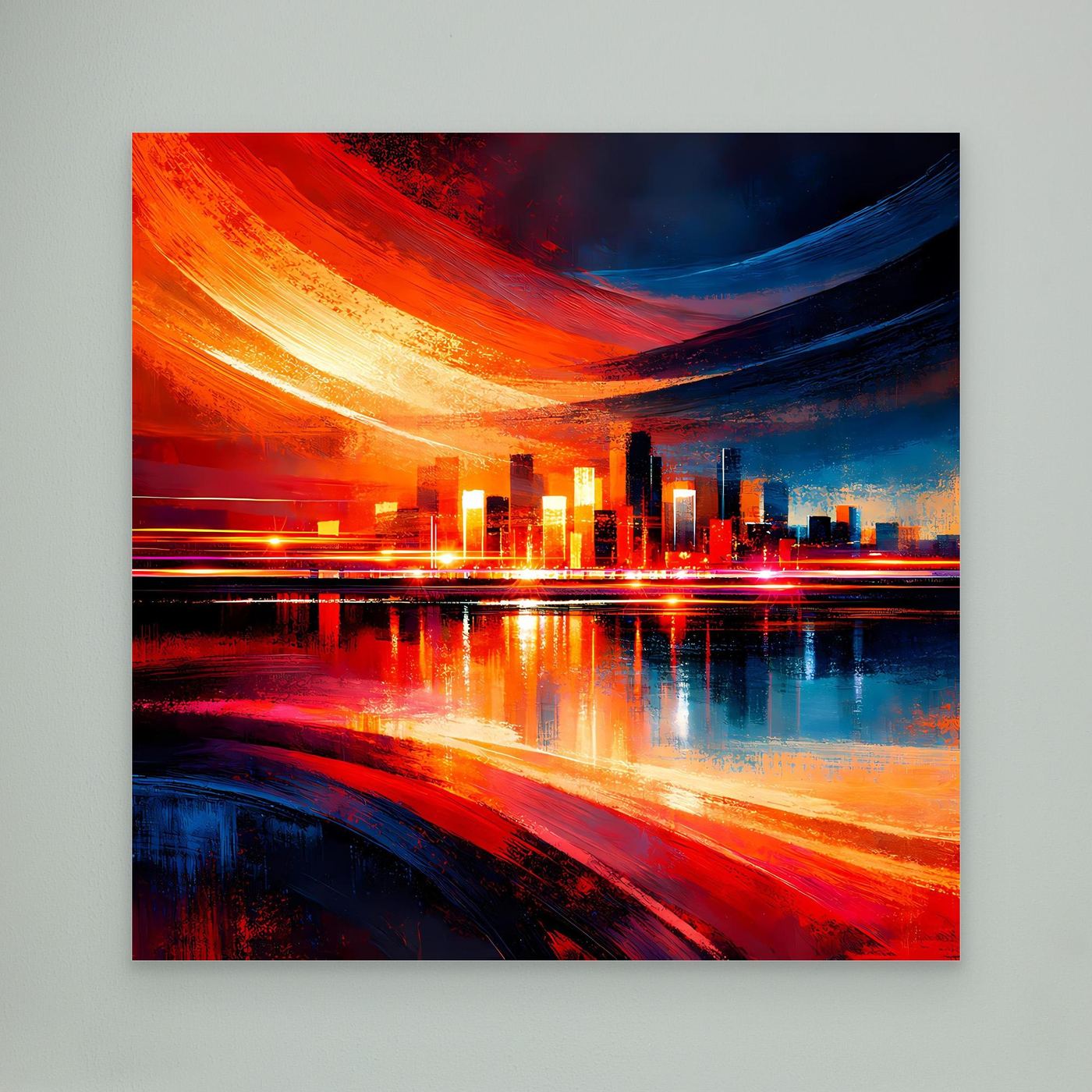 Abstraktes Skyline-Leinwandbild ohne Rahmen, Lichtspuren mit Spiegelungen in Rot und Blau