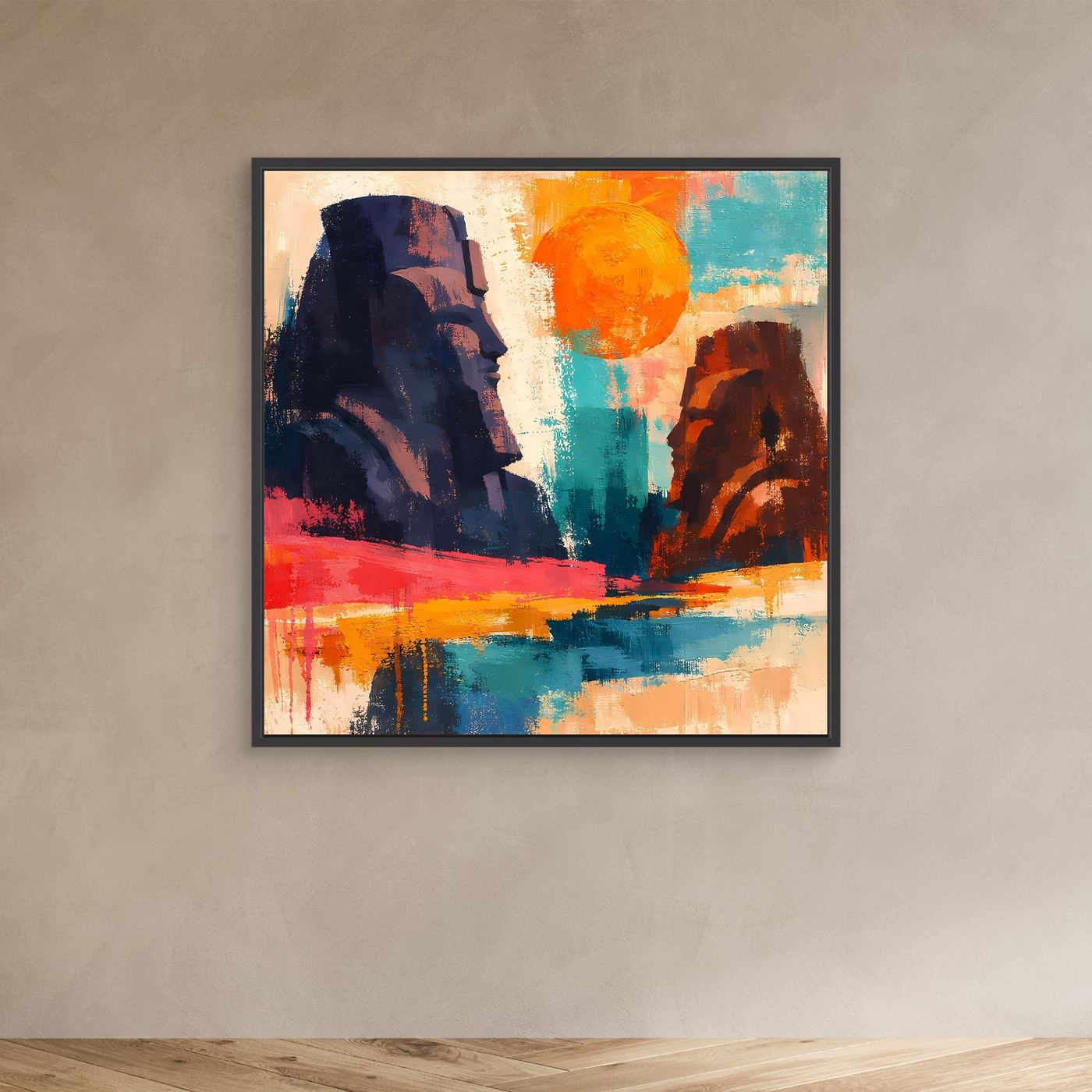 Leinwandbild mit dunklem Rahmen: abstrakte Pharaonenstatuen in Blau, Orange und Rot.