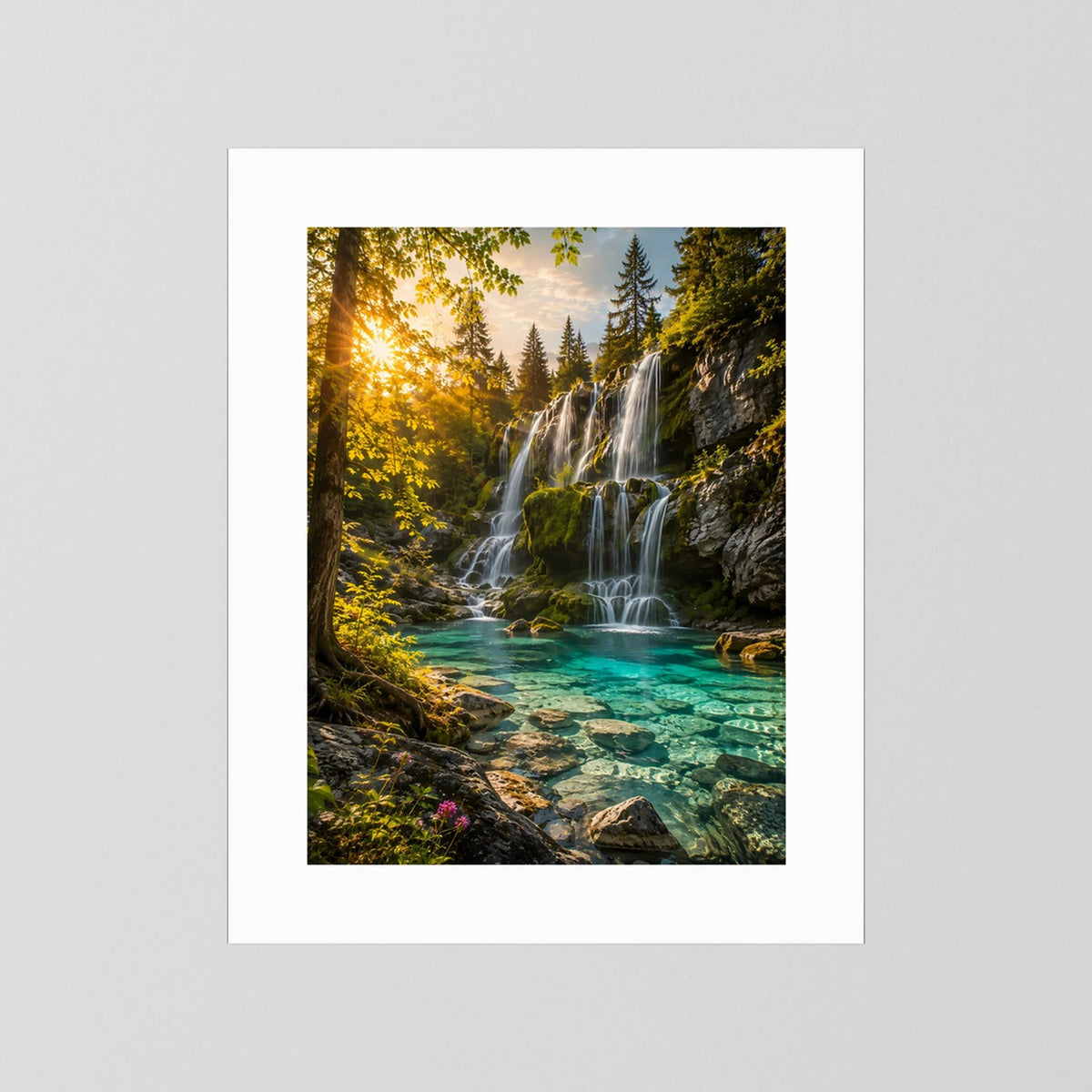 Wasserfall-Poster mit weißem Rand, türkisfarbenes Wasser im Wald, Hochformat