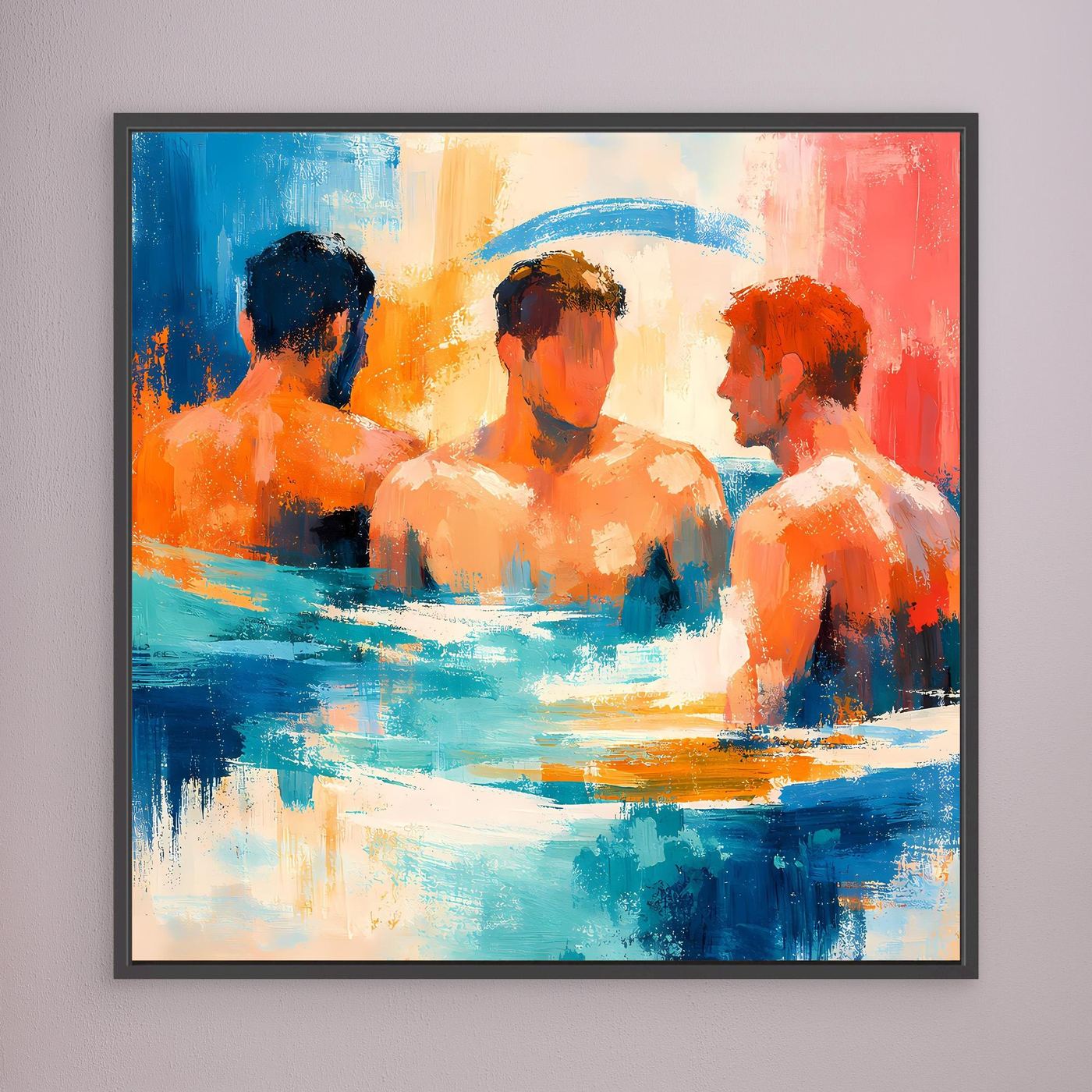 Abstract canvas wall art with three swimming figures in blue, orange, and red; black frame