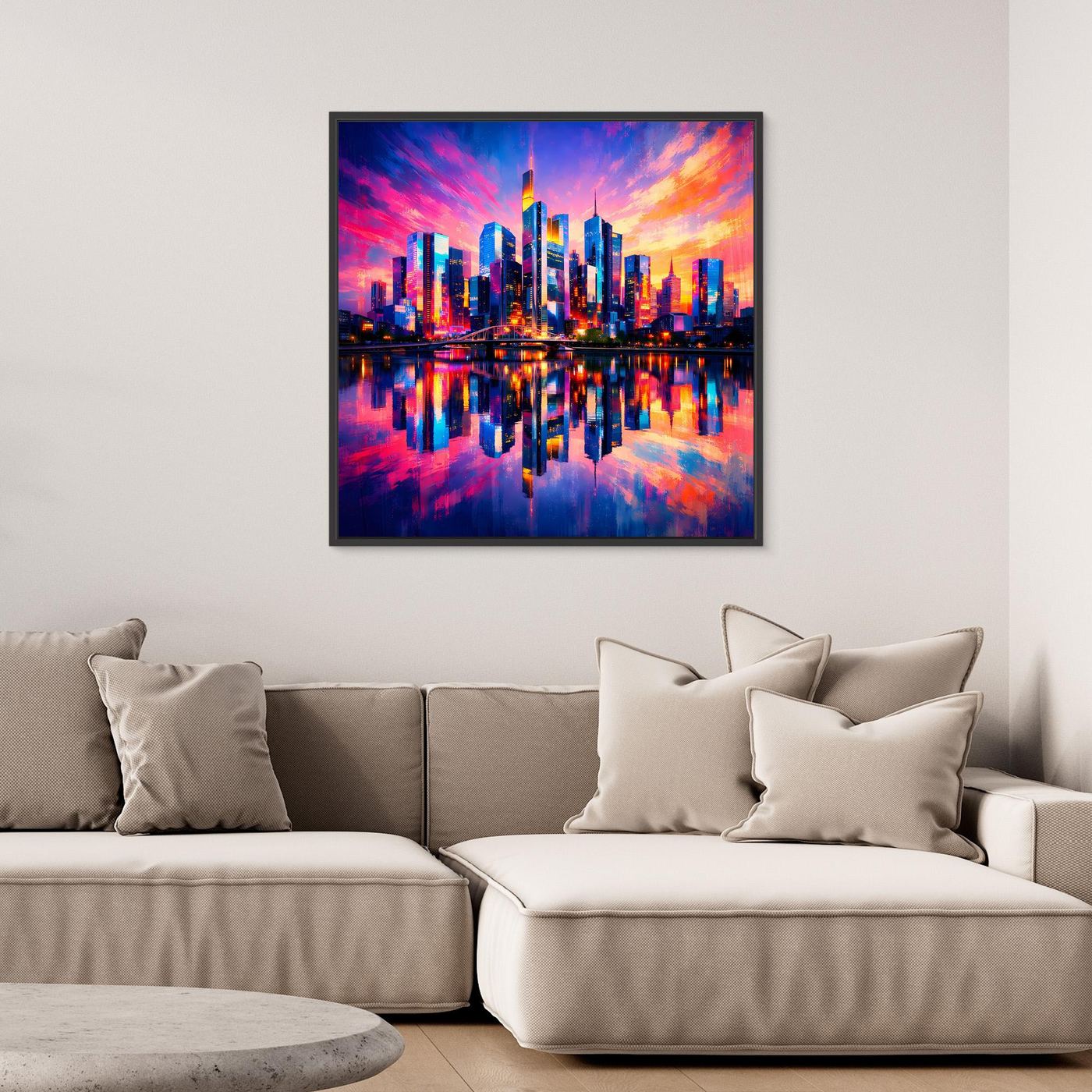 Leinwand Farbenfrohe Frankfurt Skyline bei Sonnenuntergang | Modernes Wandbild