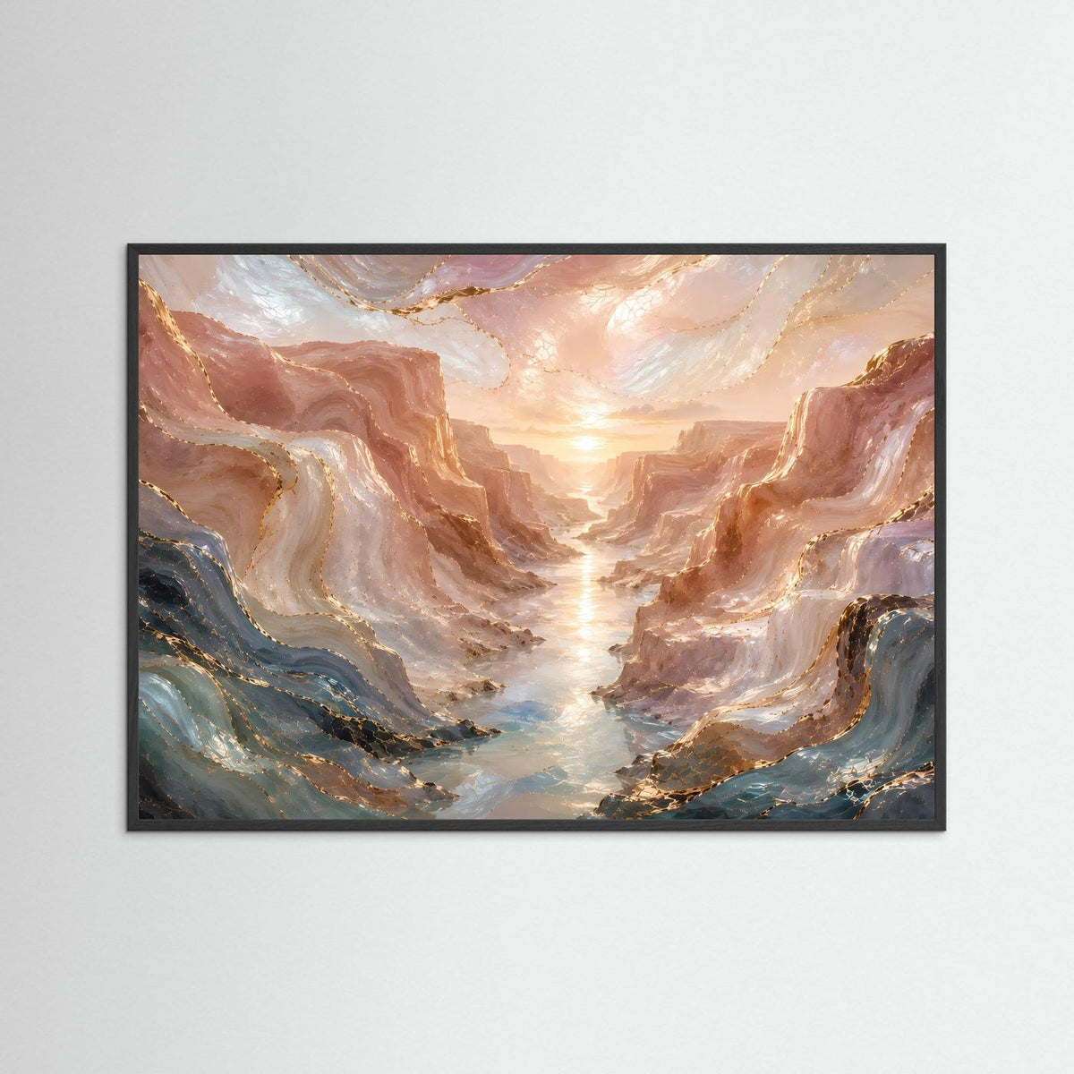 Gerahmtes Poster Querformat mit abstrakter Canyonlandschaft und Fluss in Rosé-Perlmutt
