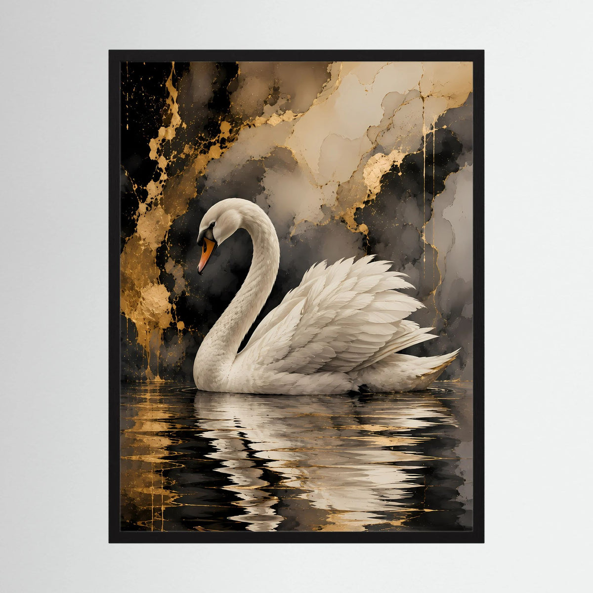 Schwanen-Poster im schwarzen Rahmen, weißer Schwan auf goldenem Wasser