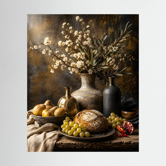 Hochformatiges Stillleben-Poster mit Blütenzweig in Vase, Obst, Brot und Trauben