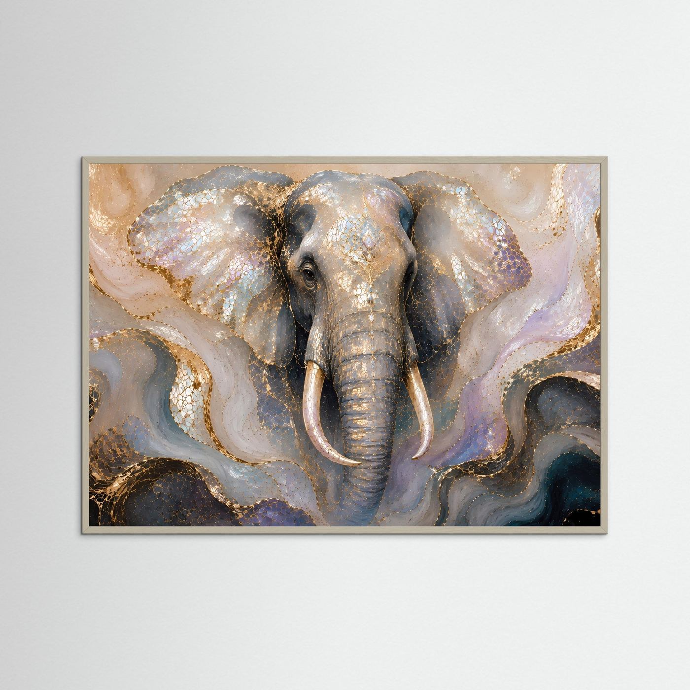 Querformatiges Elefantenposter mit gold-schimmerndem Mosaik, grauer Rahmen