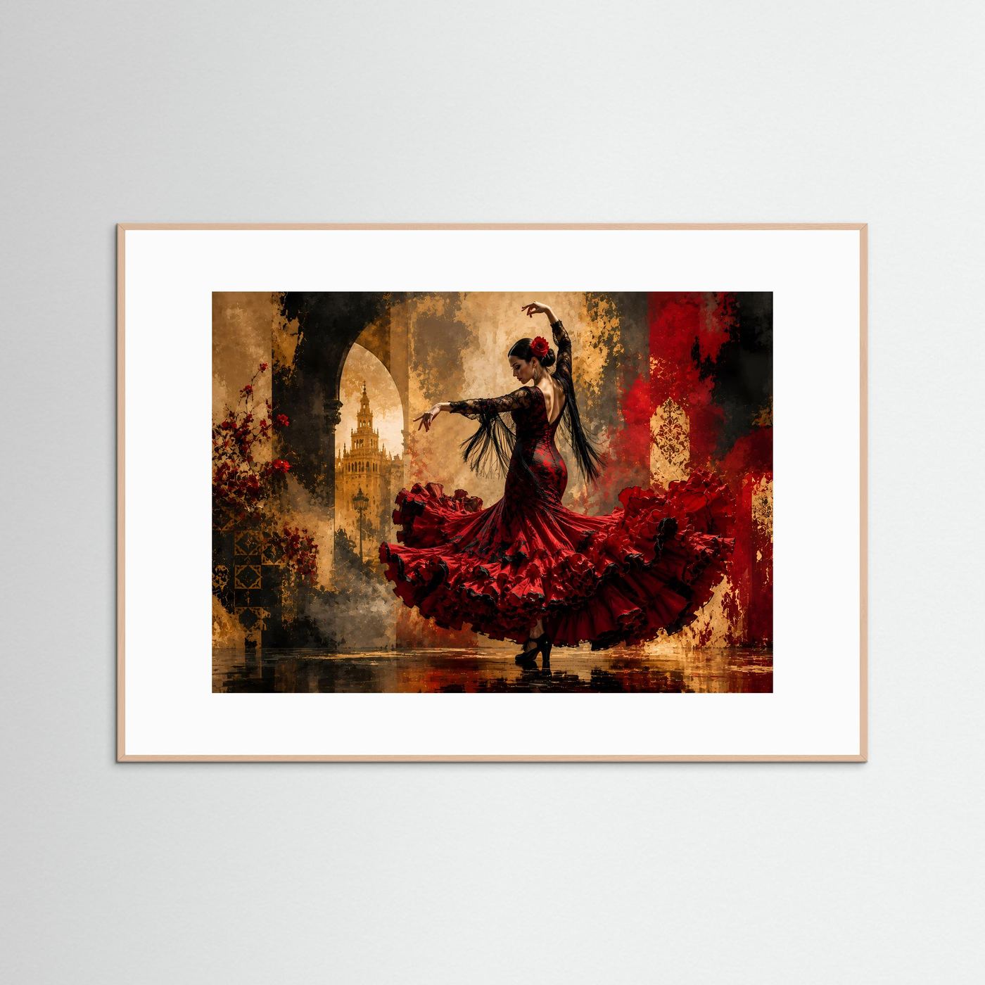 Gerahmtes Querformat-Poster mit Flamenco-Tänzerin im roten Rock, feurige Farbflächen