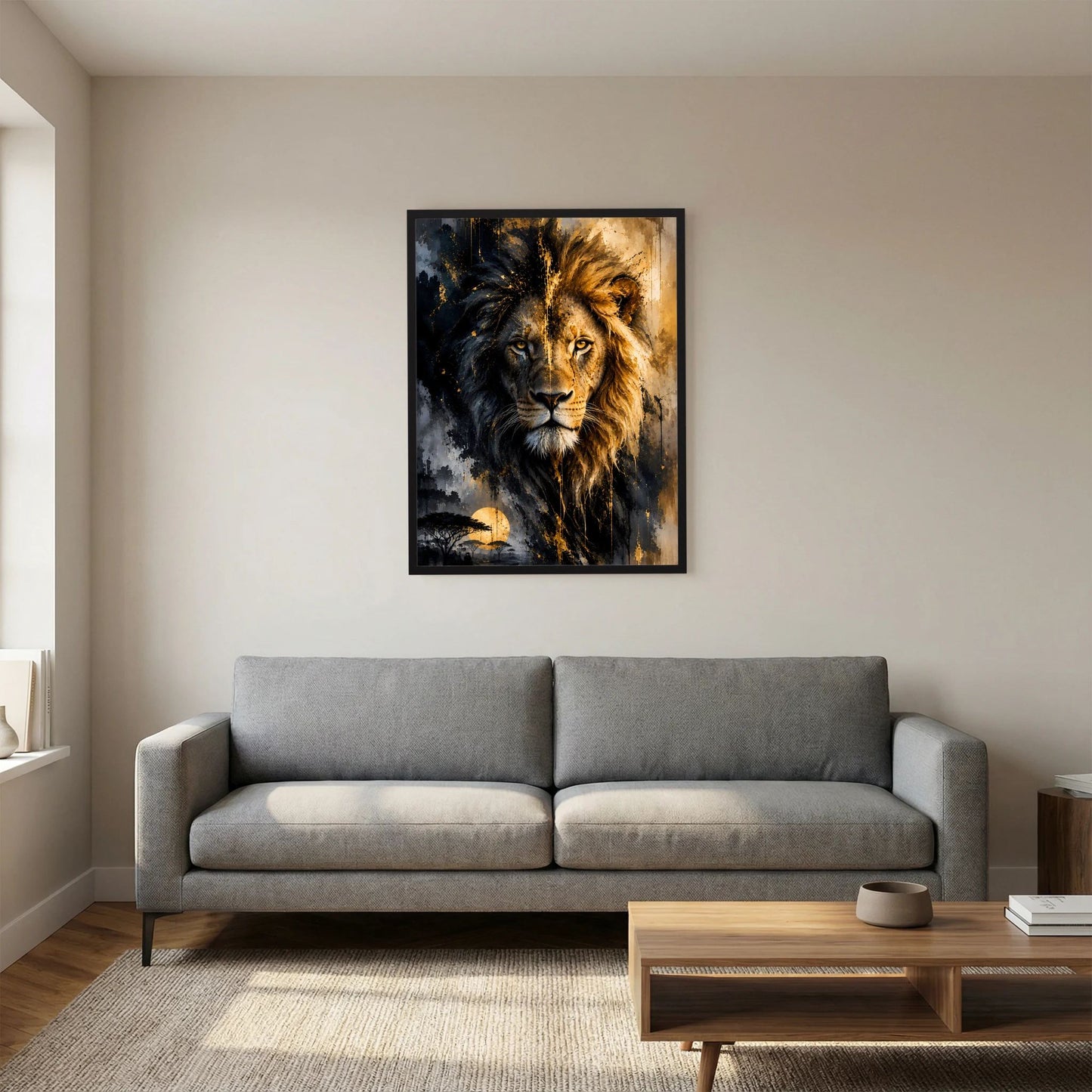 Gerahmtes Löwenposter an der Wand, schwarz-goldenes Tierportrait im abstrakten Stil