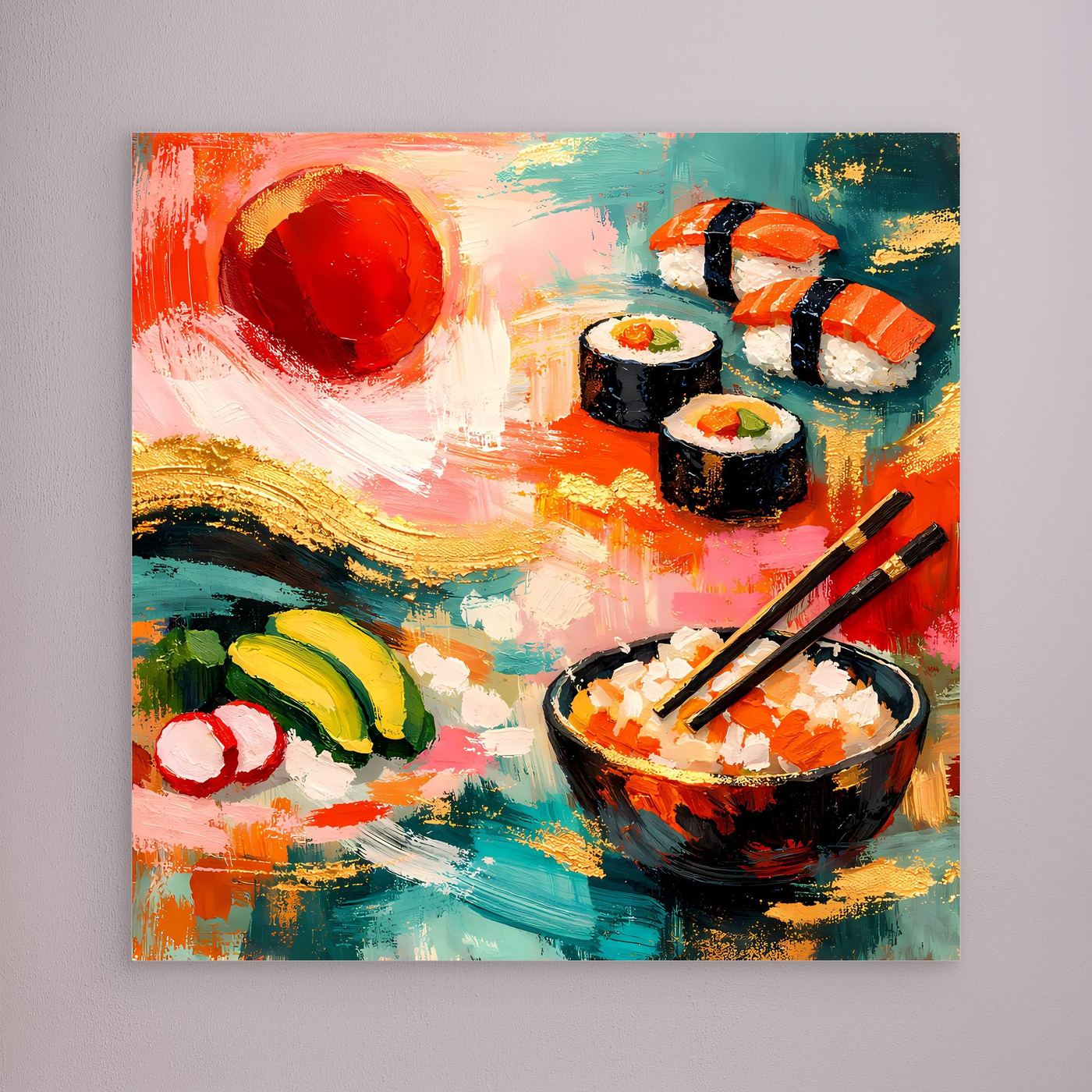 Leinwandbild mit Sushi-Motiv ohne erkennbaren Rahmen: Sushirollen, Stäbchen, leuchtende Farben