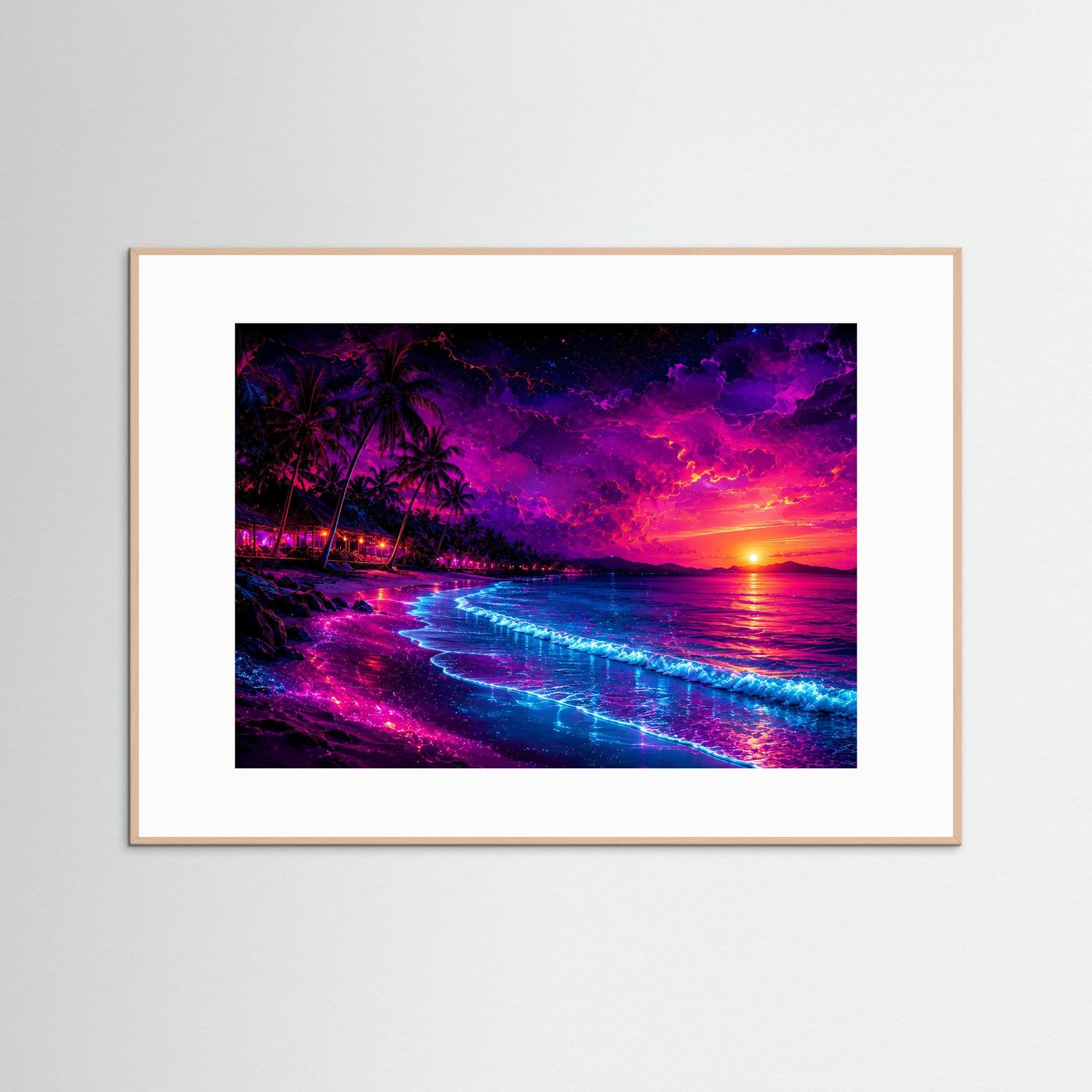 Neon Tropenparadies am Strand | Vibriendes Synthwave & Sunset Poster Querformat