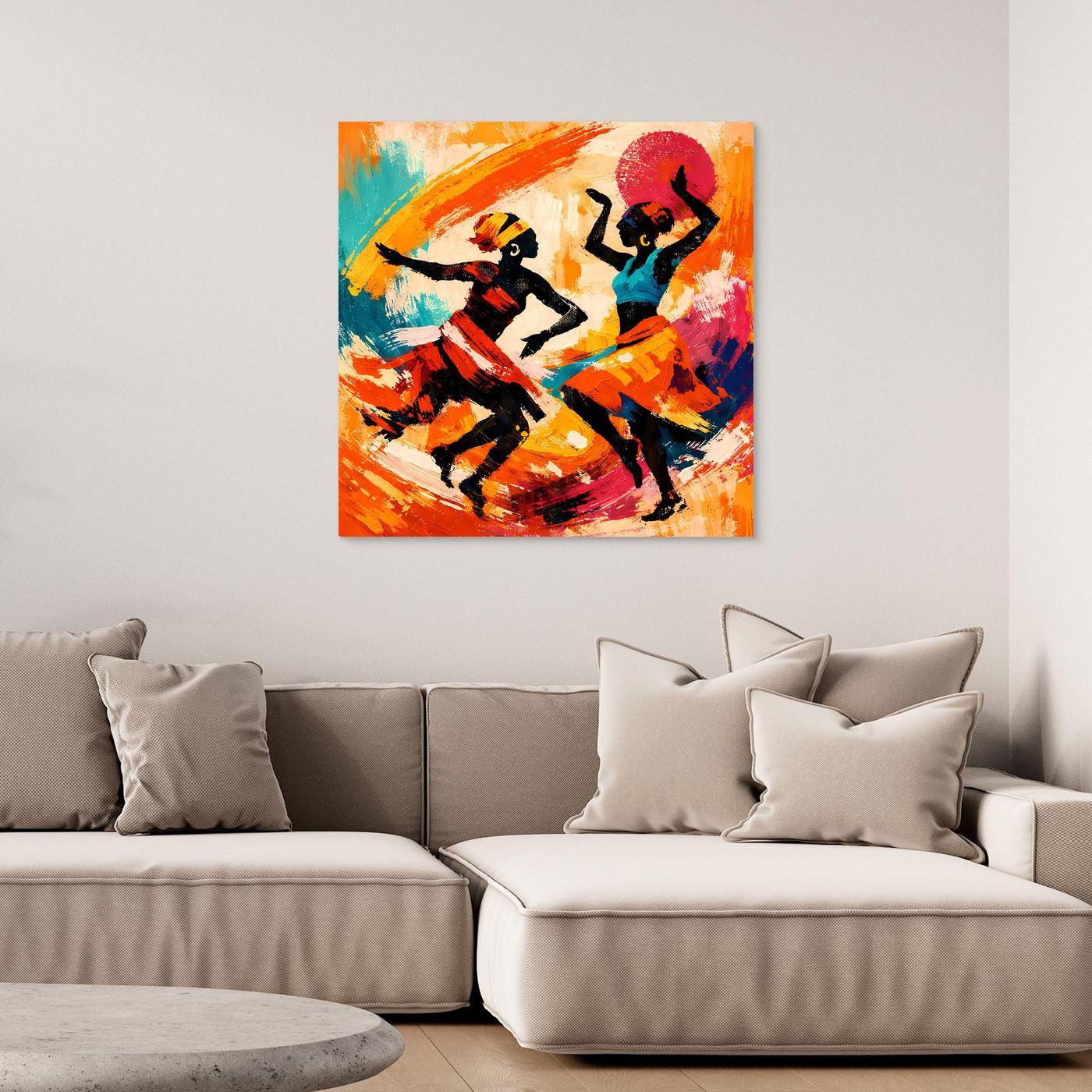 Leinwand Tanzende Afrikanerinnen im Sonnenuntergang | Abstraktes Ethno Pop Art Wandbild