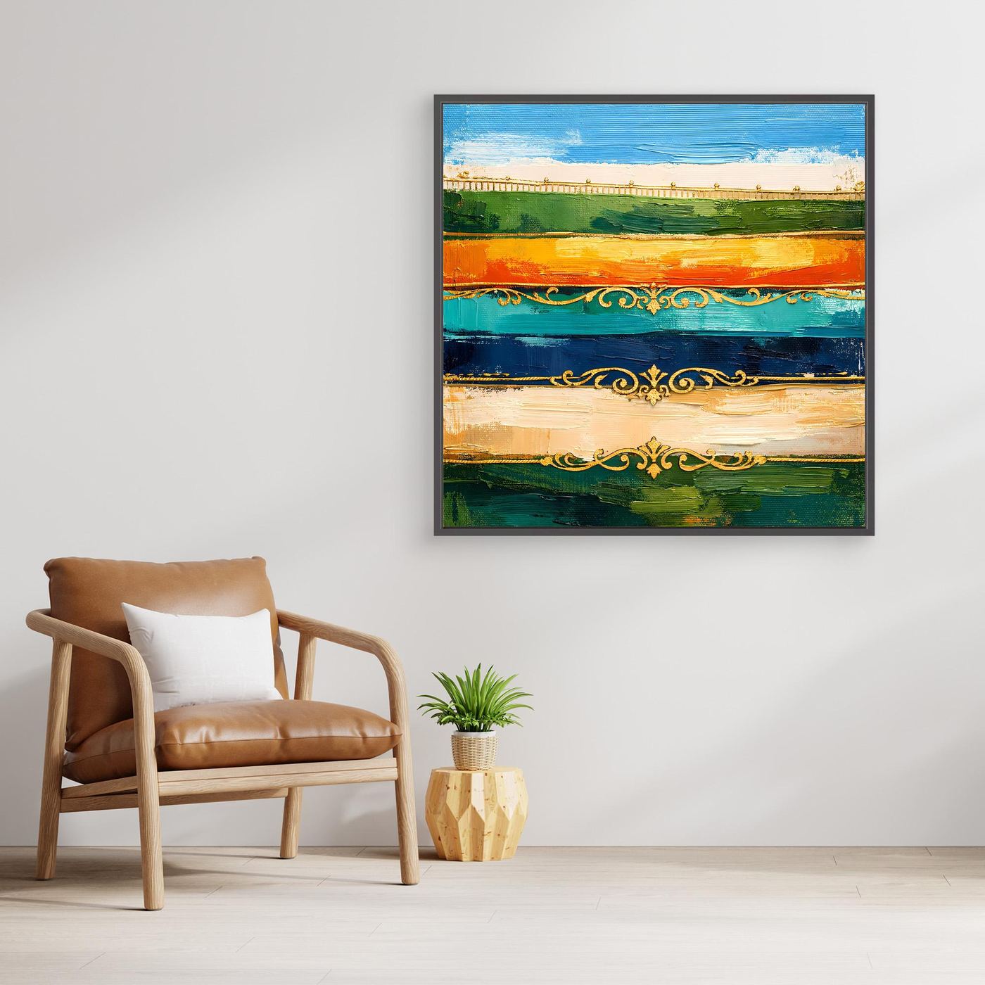 Leinwand Elegante Abstrakte Farbstreifen | Modernes Wandbild mit Goldornamenten