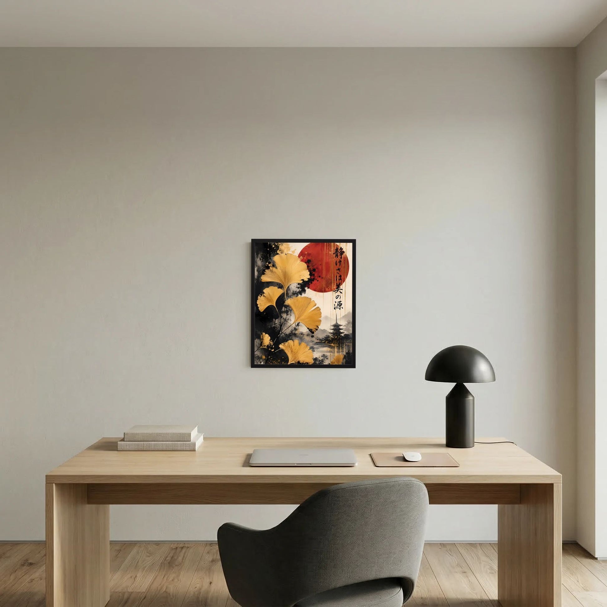Gerahmtes Hochformat-Poster mit goldenen Ginkgo-Blättern, roter Sonne und Pagode
