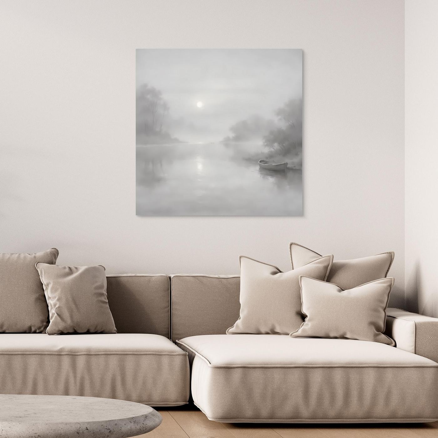 Leinwandbild mit nebligem Flussmotiv in Grau, ohne sichtbaren Rahmen