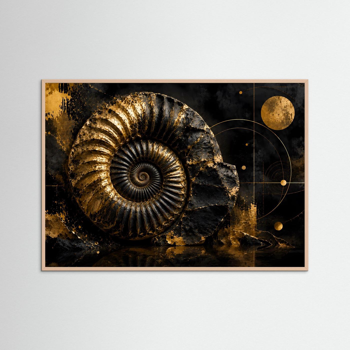 Querformat-Poster mit goldenem Ammonit auf dunklem Hintergrund, Kreislinien und goldenen Punkten, braun gerahmt