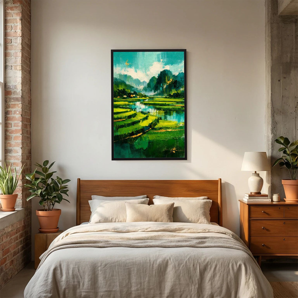 Poster mit grüner Berglandschaft und Wasser, schwarzer Rahmen, Hochformat
