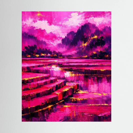 Abstraktes Landschafts-Poster im Hochformat mit Pink-und-Magenta Himmel, See und Pfad