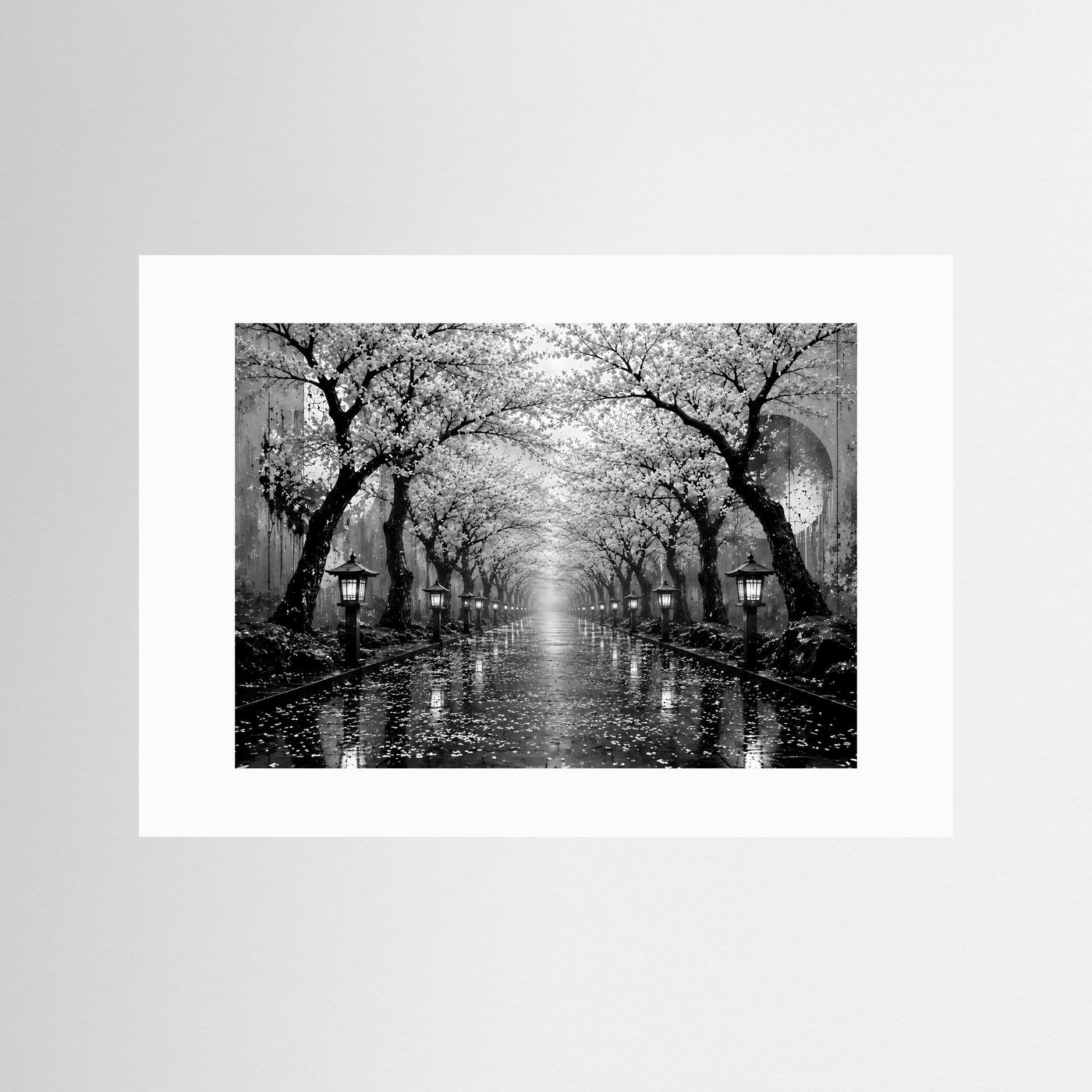 Kirschblütenallee Schwarz-Weiß | Japanisches Wandbild mit Laternen im Regen