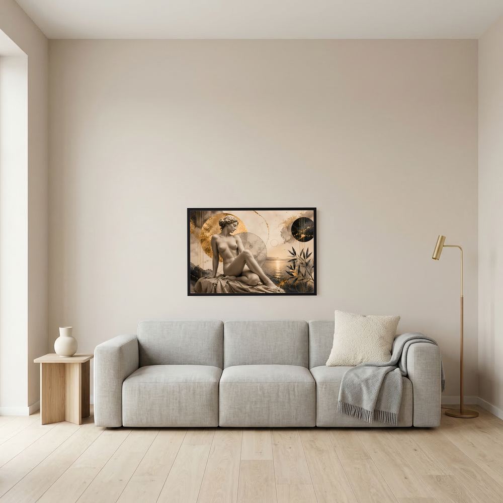 Wandposter mit sitzender nackter Frauenstatue, antikes Sepia-Motiv mit geometrischen Formen, dunkler Rahmen