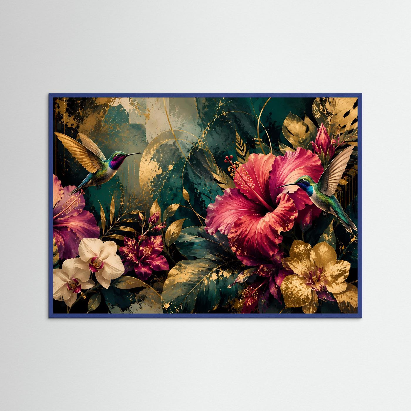 Querformat-Poster mit Kolibris und tropischen Blüten, blauer Rahmen