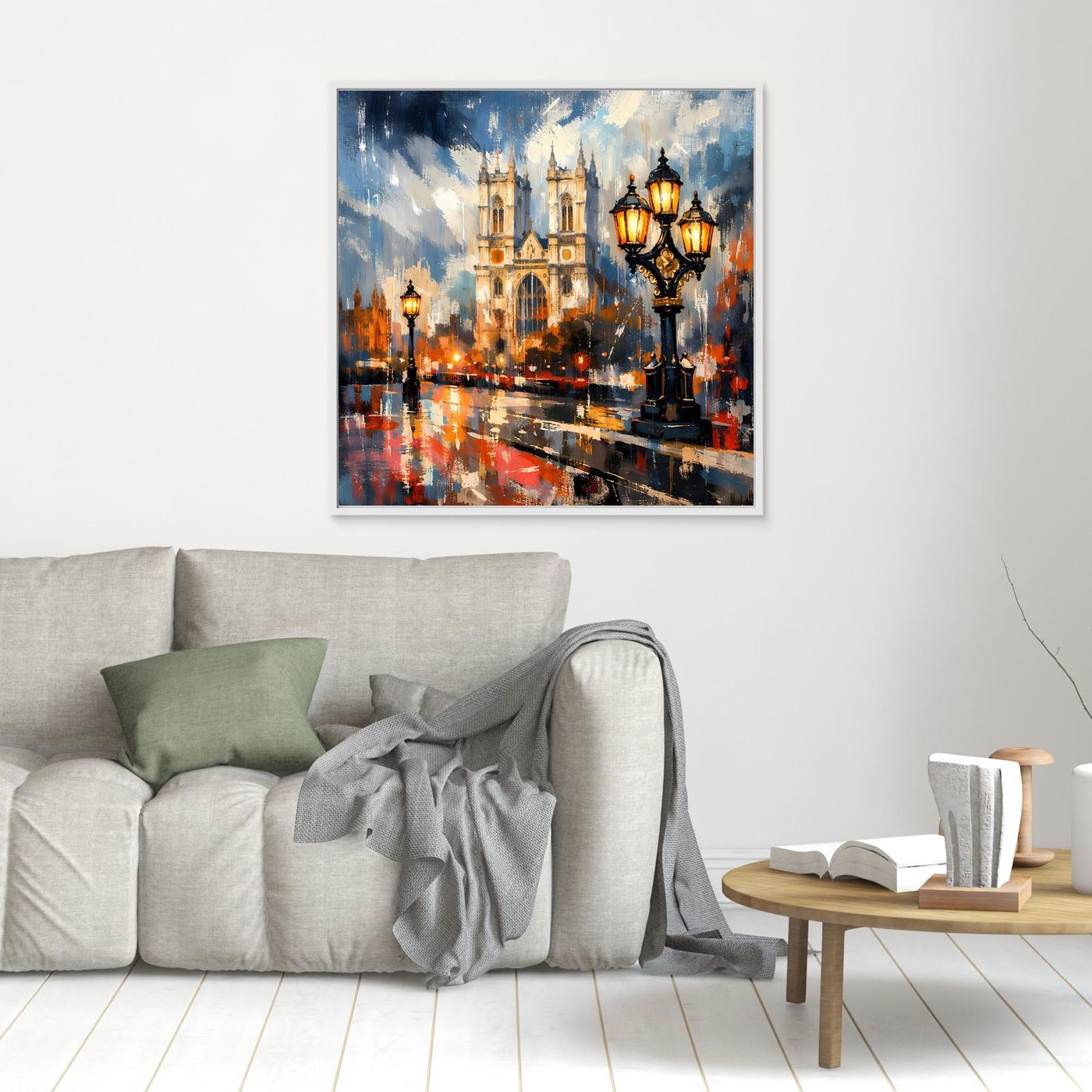 Abstraktes Wandbild mit Kathedrale und Laternen, hellen Rahmen an der Wand