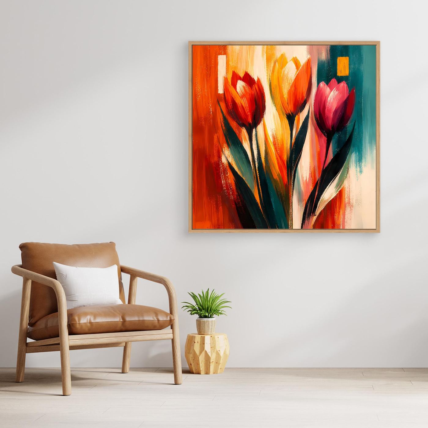 Wandbild mit abstrakten Tulpen auf Leinwand, rot und pink mit Türkis, heller Rahmen
