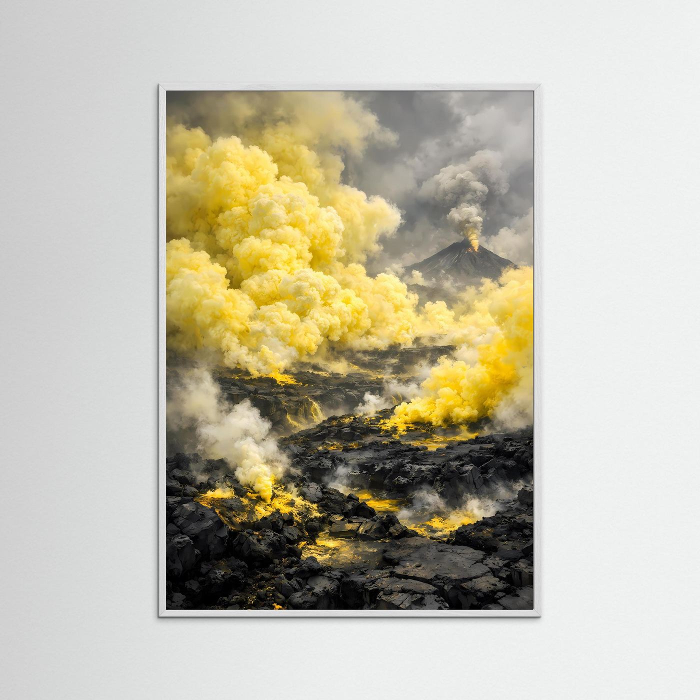 Hochformatiges Vulkanposter mit gelben Rauchwolken und schwarzer Lava, weißer Rahmen
