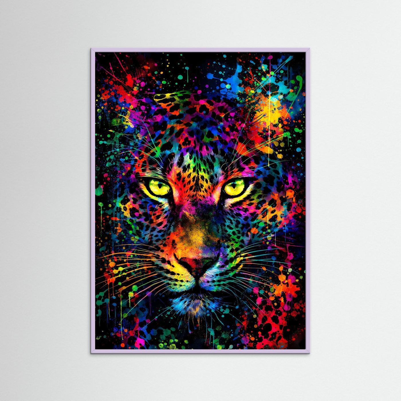 Leopardenposter mit farbiger Farbexplosion, dünner lila Rahmen