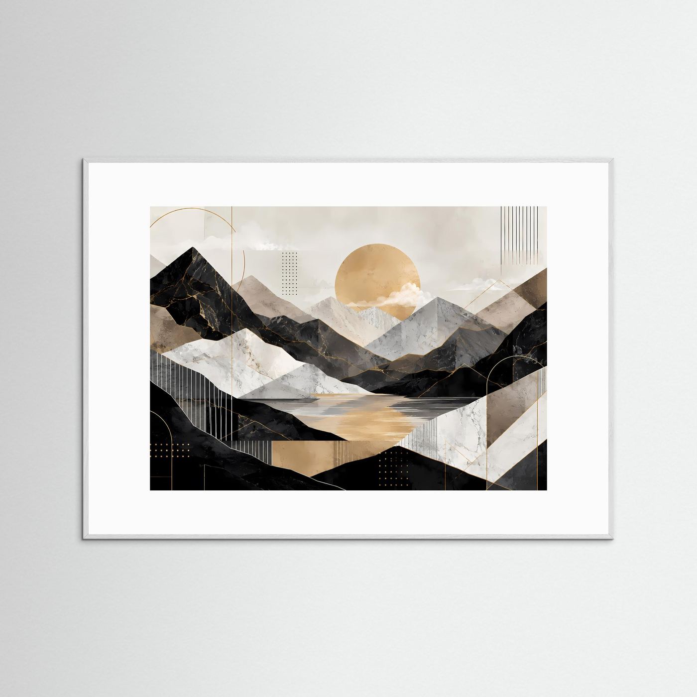 Gerahmtes Poster: abstrakte Berge, See und goldene Sonne, grauer Rahmen