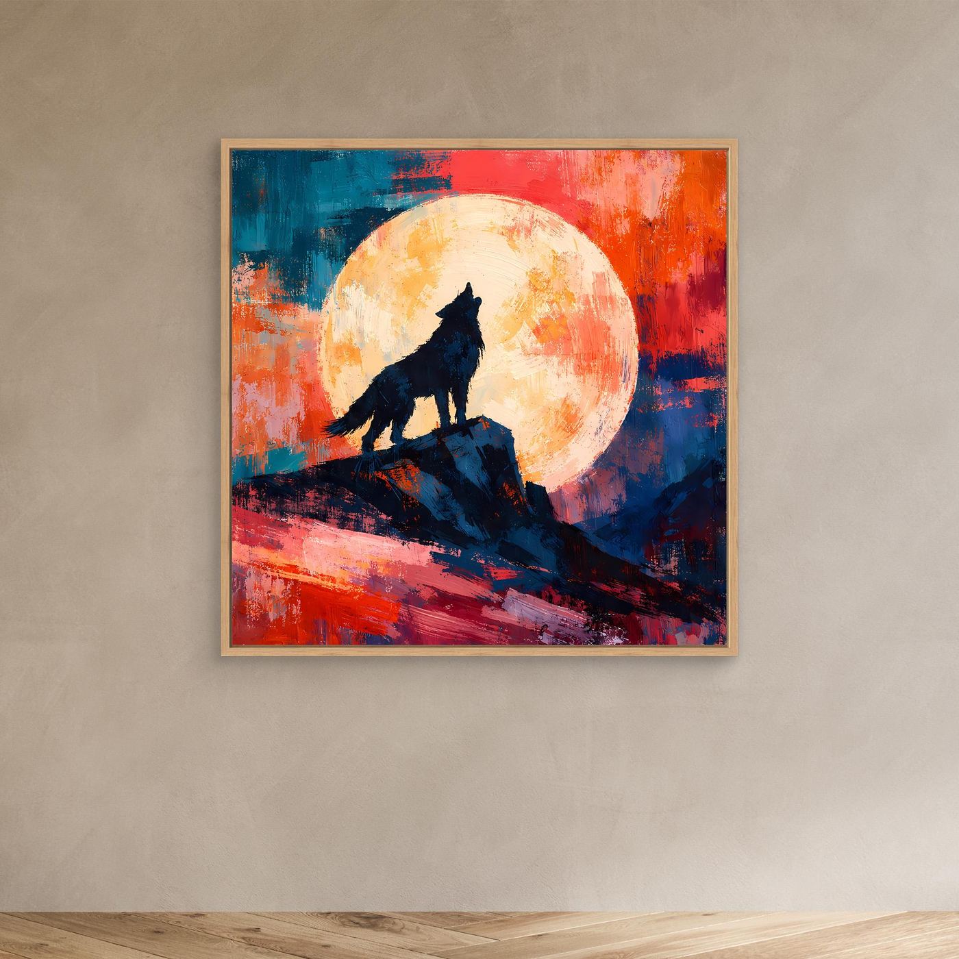 Leinwand Abstraktes Wolf Gemälde | Modernes Mystisches Wandbild Heulender Wolf Vollmond