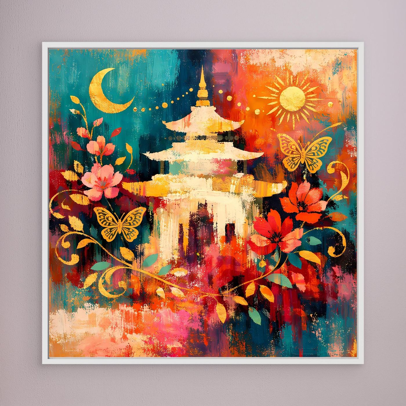 Wandbild im weißen Rahmen mit goldener Pagode, Mond, Sonne und bunten Blüten
