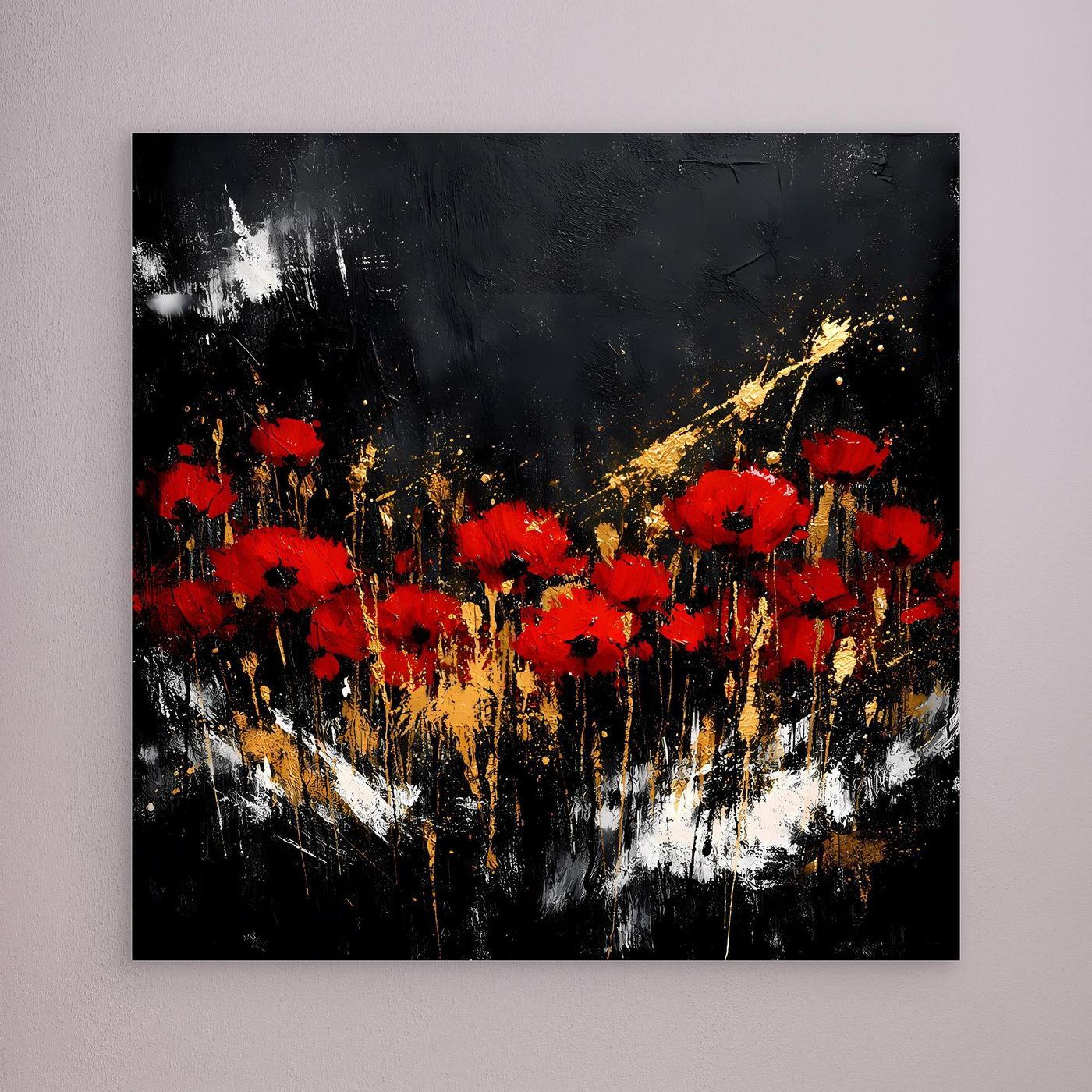 Leinwand Rote Mohnblumen mit Gold-Akzenten | Modernes Florales Wandbild Abstrakt
