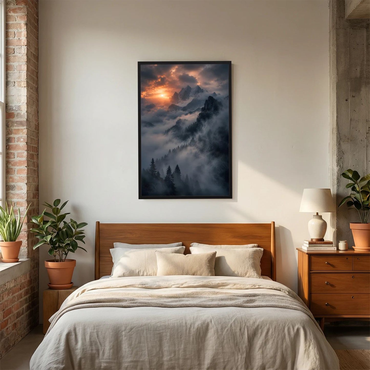 Berge im Nebel Poster mit Sonnenuntergang, Nebelschwaden über Bergen, Tannenwald im schwarzen Rahmen.