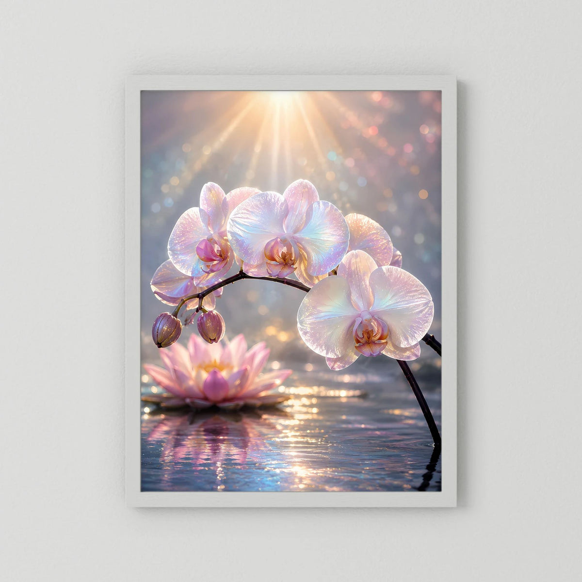 Blumenposter mit Orchideenblüten und Lotusblüte, weißes Passepartout, im Hochformat