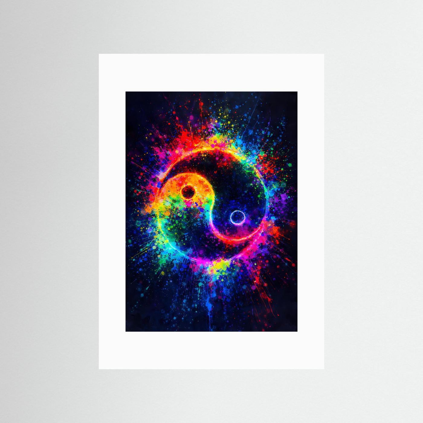 Wandbild mit Yin‑Yang-Farbexplosion ohne Rahmen, mit weißem Passepartout