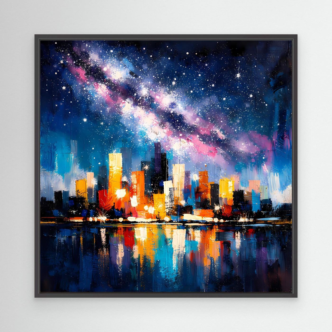 Black-framed starry city skyline wall canvas art with glowing buildings and galaxy streak