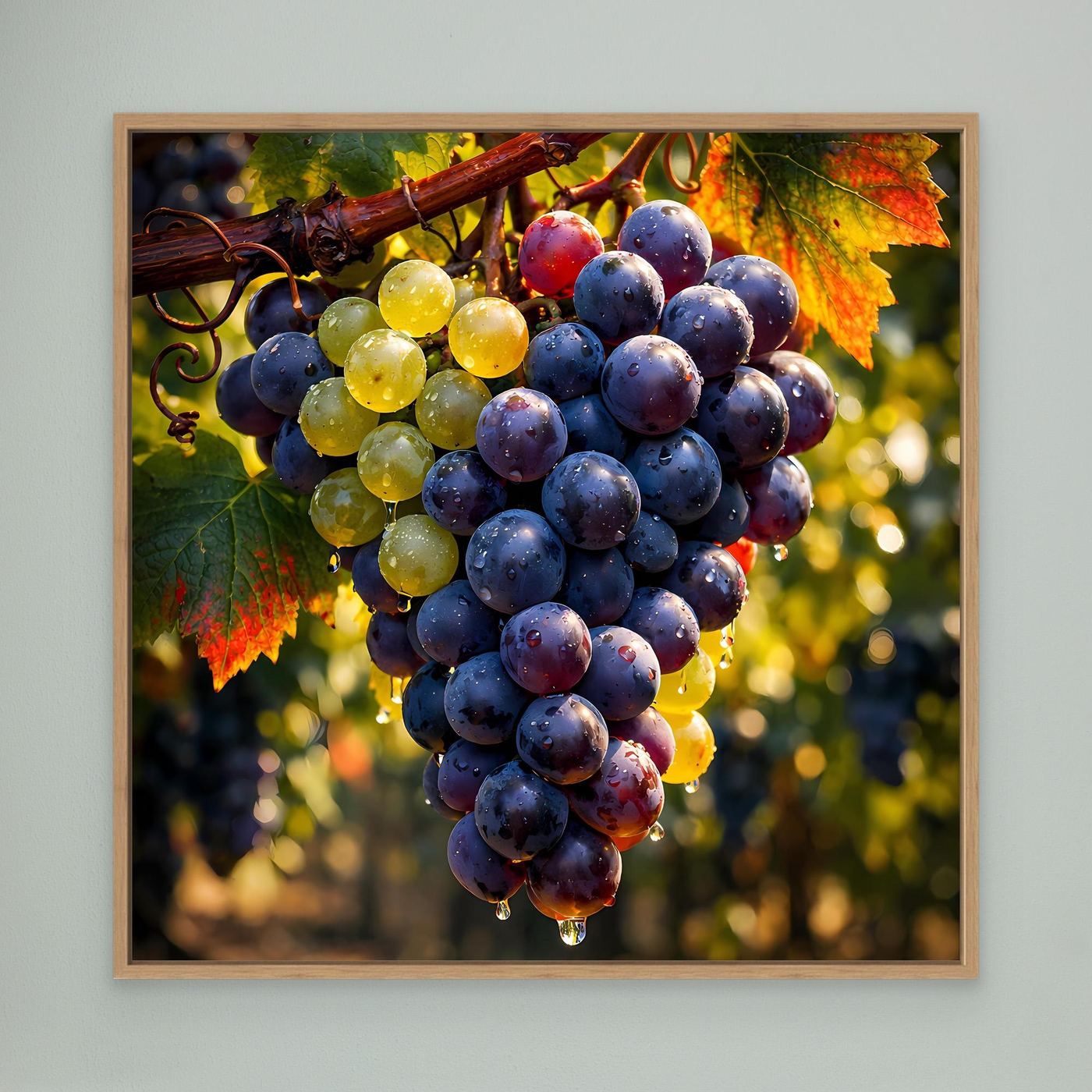 Wandbild mit Weinreben im Eiche-Rahmen: blaue und gelbe Weintrauben, Herbstblätter