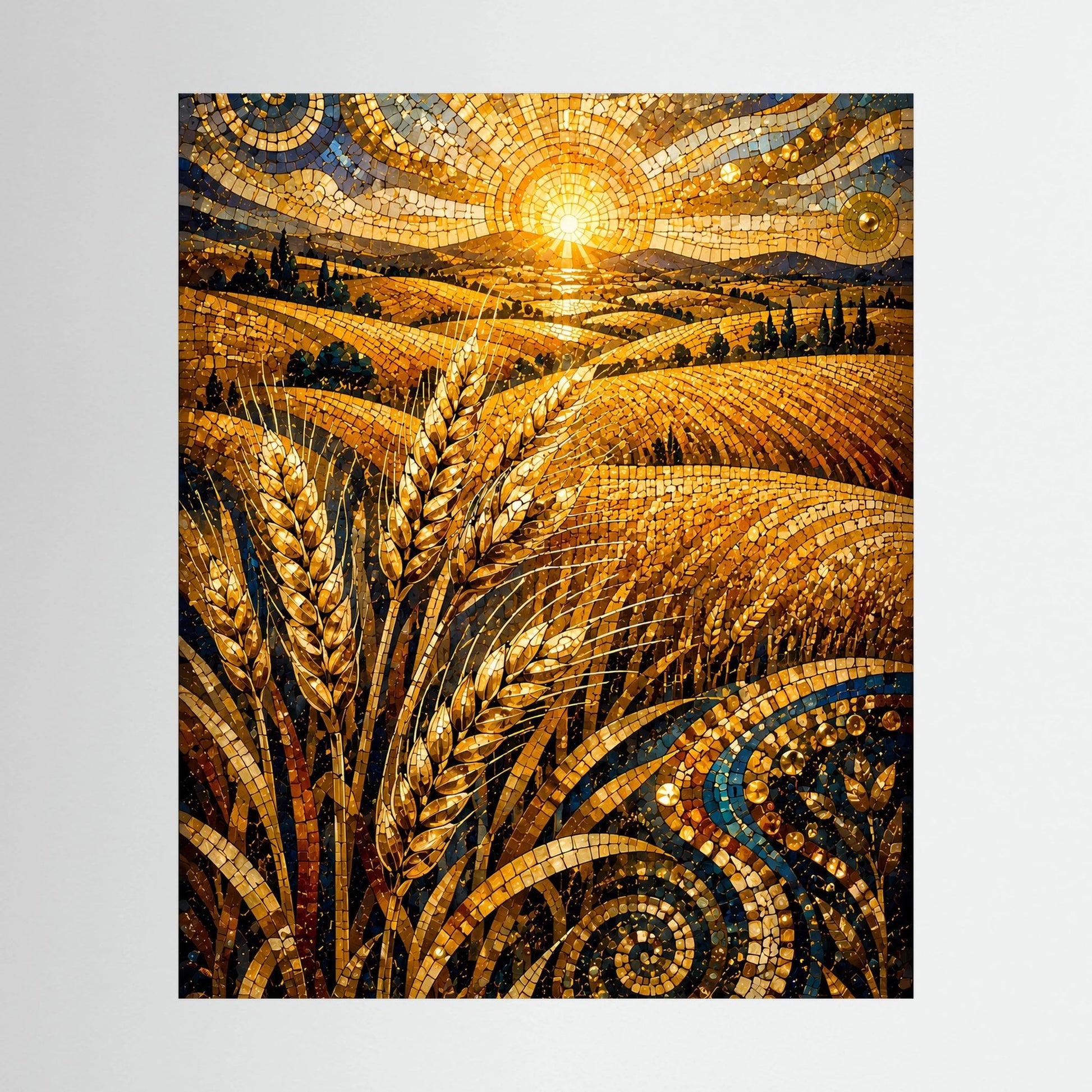 Poster im Hochformat mit goldenen Weizenähren im Mosaikstil und strahlender Sonne