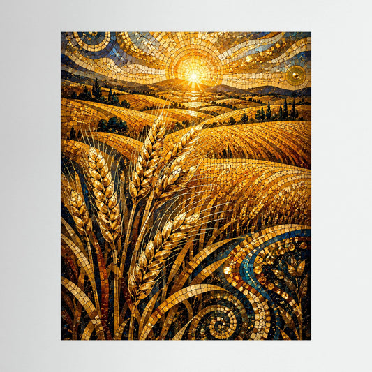 Poster im Hochformat mit goldenen Weizenähren im Mosaikstil und strahlender Sonne