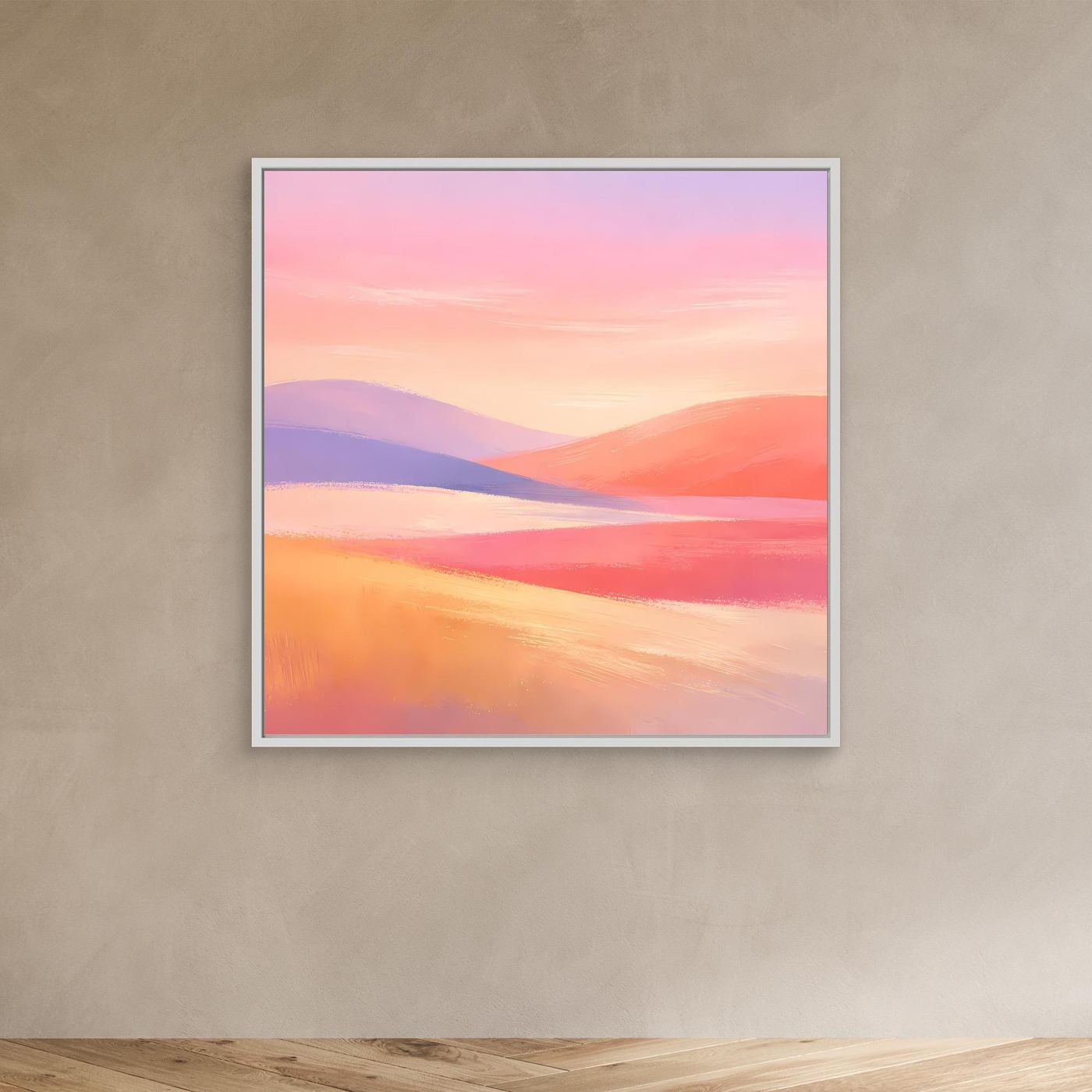 Leinwandbild mit abstrakter Hügellandschaft in Pastellfarben im weißen Rahmen: Rosa, Lila, Orange.